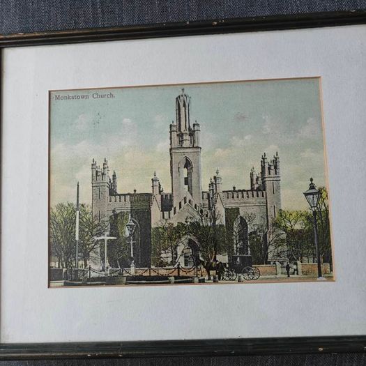 Framed hand-tinted historical print of Monkstown Parish Church, a 19th-century church located in Monkstown, County Dublin