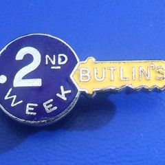BUTLINS 2nd WEEK (Butlin's holiday camps) - resident camper's enamel badge - key shaped (1960's)