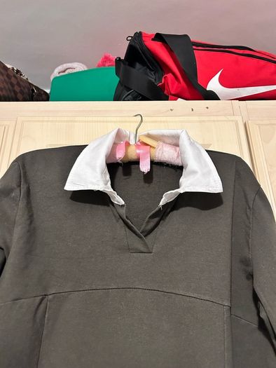 Khaki green jumper dress with white trim