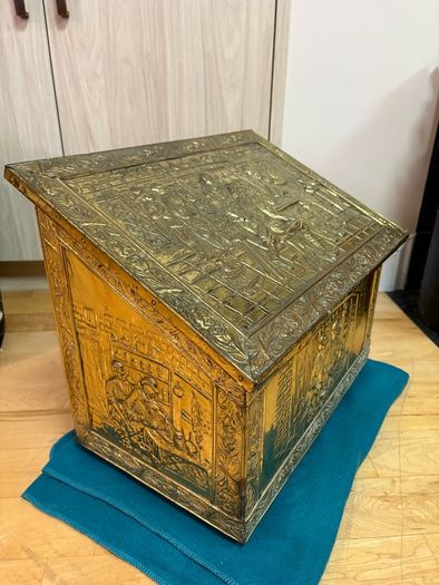 Vintage antique embossed brass fireside log box, coal box