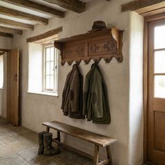 Old carved oak coat rack and hat shelf.