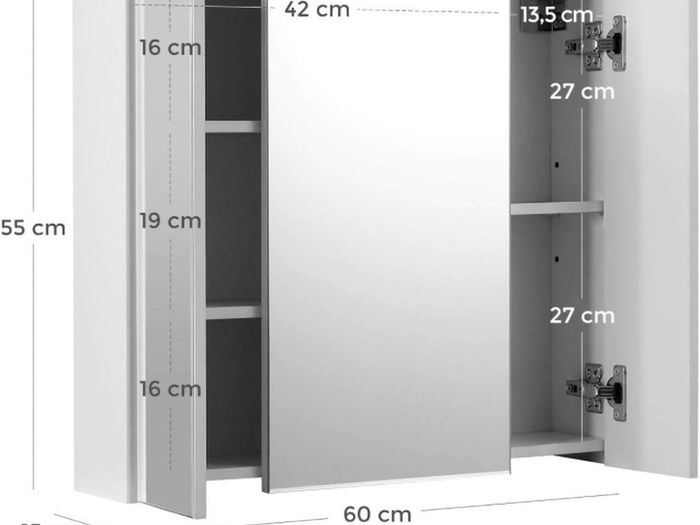 Bathroom Wall Cabinet, Cupboard with Mirror, 3-Door Storage Cabinet, 60 x 15 x 55 cm, with Adjustable Shelf, Modern, White (FREE POSTAGE)