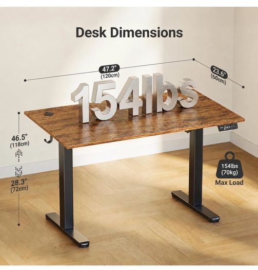 Electric Standing Desk 120x60cm Height Adjustable Desk with 3 Memory Presets & Sit Stand Reminder, Quiet Home Office Computer Desk with LED Display, Cable Holes & Hooks, Rustic Brown