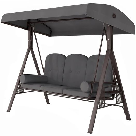 3 Seat Garden Swing Chair Steel Swing Bench w/ Cushions Cup Trays