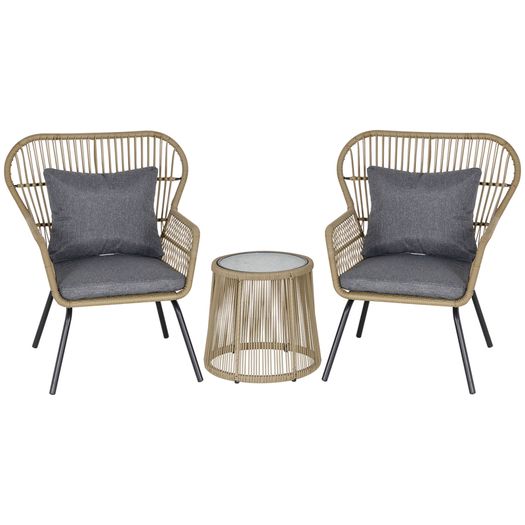 3 Piece Rattan Garden Furniture Set - Includes Cushions, Outdoor Conservatory Dining Set with 2 Chairs and Glass Coffee Table, Brown