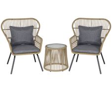 3 Piece Rattan Garden Furniture Set - Includes Cushions, Outdoor Conservatory Dining Set with 2 Chairs and Glass Coffee Table, Brown