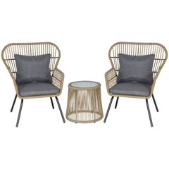 3 Piece Rattan Garden Furniture Set - Includes Cushions, Outdoor Conservatory Dining Set with 2 Chairs and Glass Coffee Table, Brown