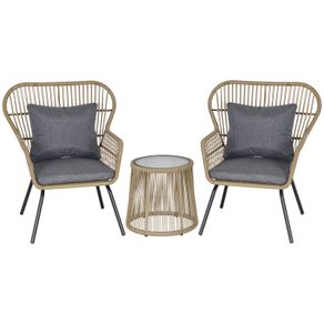3 Piece Rattan Garden Furniture Set - Includes Cushions, Outdoor Conservatory Dining Set with 2 Chairs and Glass Coffee Table, Brown