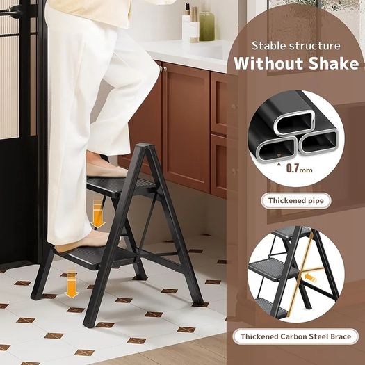 2 Step Ladder, 2 Step Stool for Adults, Folding Step Ladder with Secure Footing, Widened Pedal, Aesthetically Pleasing Looking, Blends Right into Domestic Rooms, Black