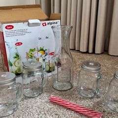 Brand new Glass Carafe/Pitcher/Jug with 4 drinking jars by ALPINA