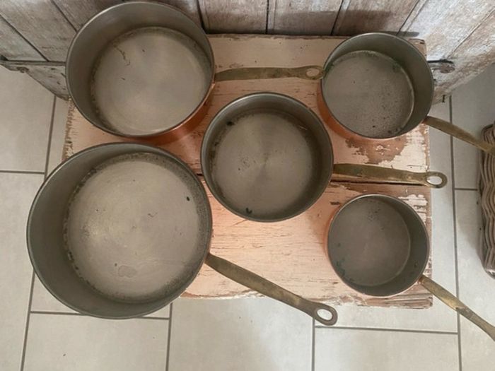 Set of 5 Vintage  Copper Saucepans with Brass Handles