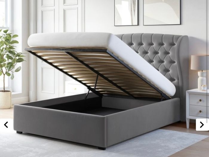 Grey Velvet King Size Ottoman Bed with Winged Chesterfield Headboard - Safina