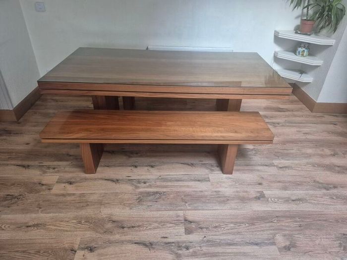 Large Solid Walnut Dining Table plus two benches