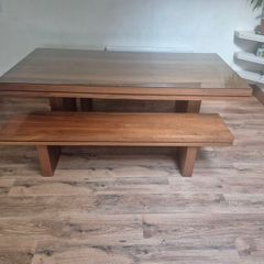 Large Solid Walnut Dining Table plus two benches