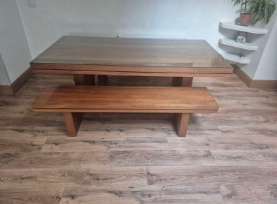 Large Solid Walnut Dining Table plus two benches