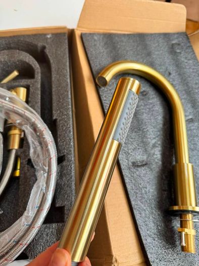 Bath mixer tap with shower attachment. Brass gold. Deck mounting 4 holes.