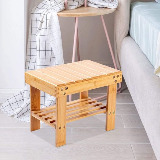 Bamboo Small Stool for Kids or Adults Foot Rest Shaving Step Stool with Storage Shelf Stable Anti Slip Wooden Bath Stool for Home Bathroom Bedside Nursery School