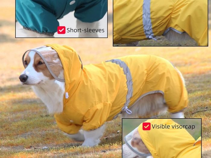 Dog Raincoat Waterproof Jacket with Hood & Collar Hole Transparent Brim,Ultra-Light Breathable Reflective Jumpsuit for Short-legged Dogs Corgi Dachshund xs,s,m,L,XL