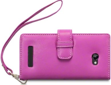 New Htc Windows Phone 8x Premium Pu Leather Wallet Black & Hot Pink  With Floral Interior / Black With Tan Inside
