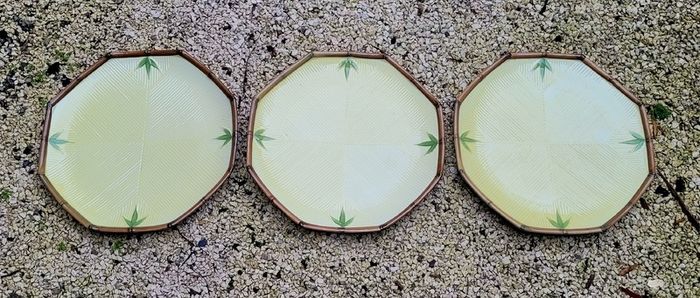 Vintage handpainted ceramic bamboo serving chargers x 3