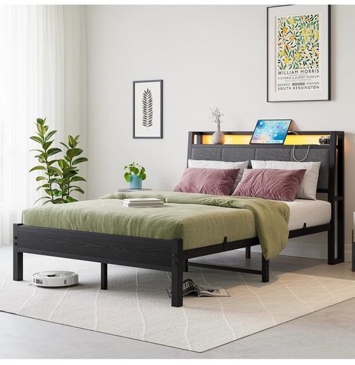 Double Bed Frame, 4FT6 Bed Frame Ergonomics Double with Charging Station and LED Lights, Heavy Duty Platform Full Bed with Fabric Storage Sloped Headboard, No Box Spring Needed, (Black)