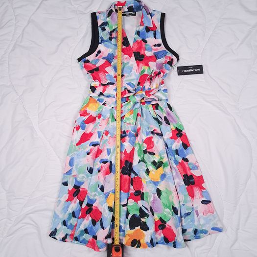 Karl Lagerfeld Multi-Color Red Blue Floral Waist Tie Sleeveless Dress 8UK/36EU/4US