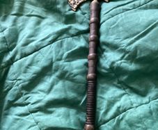 Heavy ornate brass ? headed hatchet with wooden handle