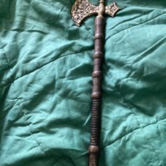 Heavy ornate brass ? headed hatchet with wooden handle