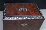 Antique Victorian Burr Wood Tea Caddy Brass Inlay c1850 1880 With Key