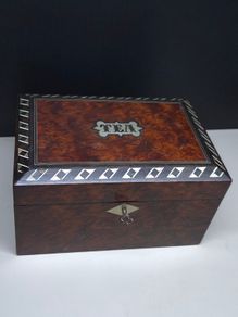 Antique Victorian Burr Wood Tea Caddy Brass Inlay c1850 1880 With Key