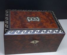 Antique Victorian Burr Wood Tea Caddy Brass Inlay c1850 1880 With Key