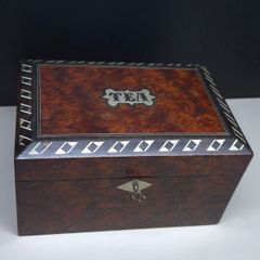 Antique Victorian Burr Wood Tea Caddy Brass Inlay c1850 1880 With Key