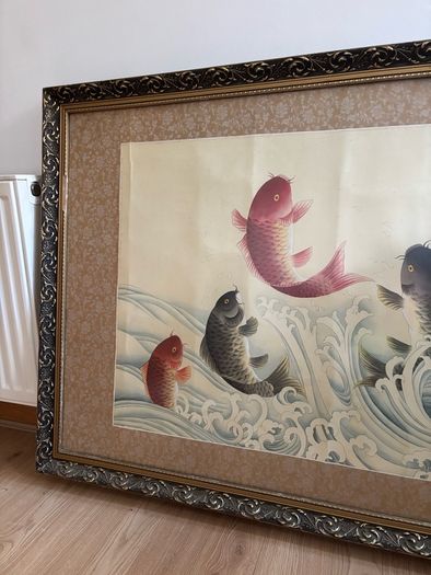 Very Large Vintage "The Carp Jumps Over the Dragon Gate" Painting on Silk