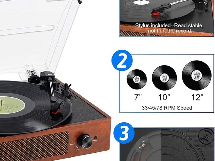 FREE EXPRESS SHIPPING Bluetooth Record Player Belt-Driven 3-Speed Turntable, Vintage Vinyl Record Players Built-in Stereo Speakers, with Headphone Jack/Aux Input/RCA Line Out, Wooden