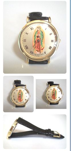 Lady of Guadalupe watch with black leather strap