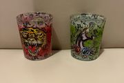 2 X Ed Hardy by Christian Audiger large round shot glass candle tealight holders