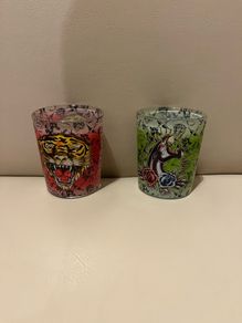 2 X Ed Hardy by Christian Audiger large round shot glass candle tealight holders