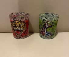 2 X Ed Hardy by Christian Audiger large round shot glass candle tealight holders