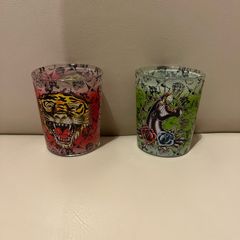 2 X Ed Hardy by Christian Audiger large round shot glass candle tealight holders