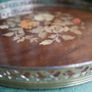 Vintage Beautiful Italian round Sorrento serving tray with burl wood inlay in a brass frame for serving trolleys/tea carts. Image 6