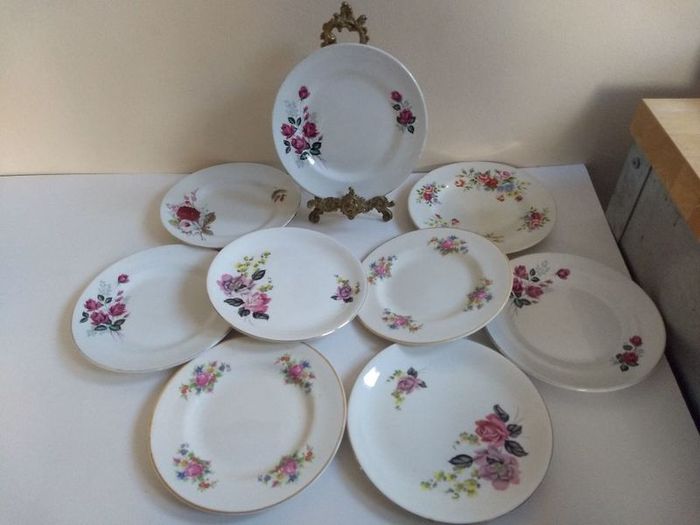 Lovely Mix and Match Set of Nine Vintage Shabby Chic Floral Tea Plates by Arklow Pottery, Carrigaline Pottery and Alfred Meakin