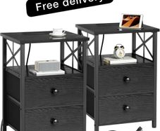 Bedside Table with Charging Station, Bedside Cabinet Set of 2,