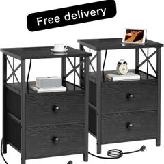 Bedside Table with Charging Station, Bedside Cabinet Set of 2,