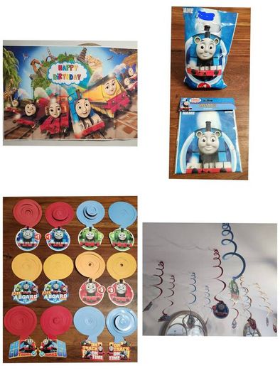 Thomas the Tank Engine Birthday Party - Backdrop + Swirl Decor + Loot Bags