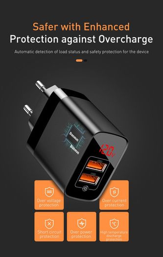 2 X Baseus QC 3.0 Dual USB Ports 18W Fast Wall Charger UK Plug (Brand New/Warranty)