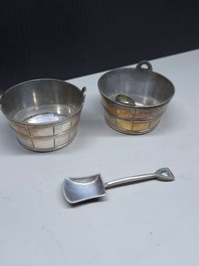 Pair Antique Silver Plated Salt Cellars With Salt Shovel
