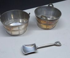 Pair Antique Silver Plated Salt Cellars With Salt Shovel