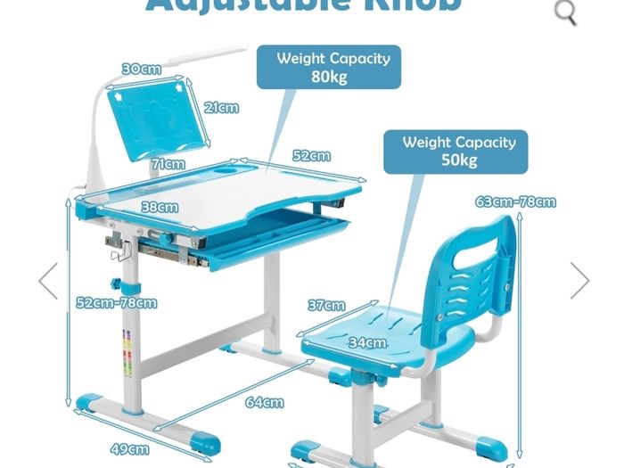 Adjustable kids study table, chair, led light set