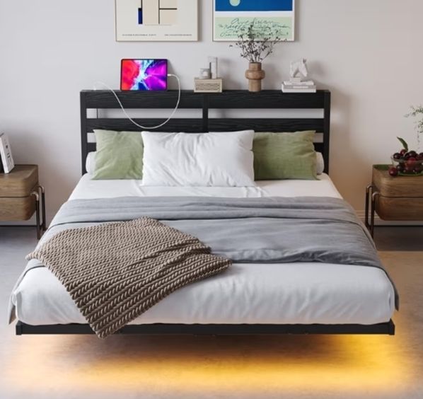 Double 4ft6 Floating Bed Frame with LED Lights, Metal Platform Bed Frame with USB Charging Station Double Size, No Box Spring Needed, Metal Slat Support, Noise Free, Black