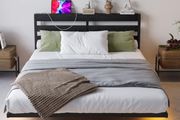 Double 4ft6 Floating Bed Frame with LED Lights, Metal Platform Bed Frame with USB Charging Station Double Size, No Box Spring Needed, Metal Slat Support, Noise Free, Black